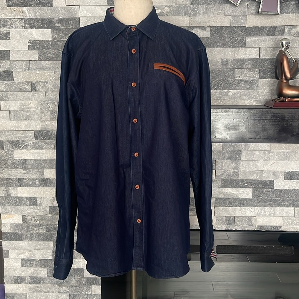 Coofandy Men's XL Denim Shirt Flip Cuff Long Sleeve Button Front Collared Blue